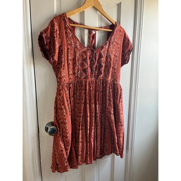 Free People Sundown Babydoll Dress S/P 🧡 Aztec Orange Boho Mini - Picture 5 of 10